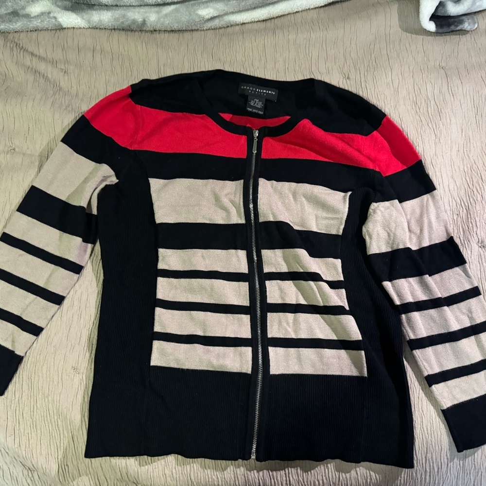 Black and Red Striped Zip-Up Cardigan